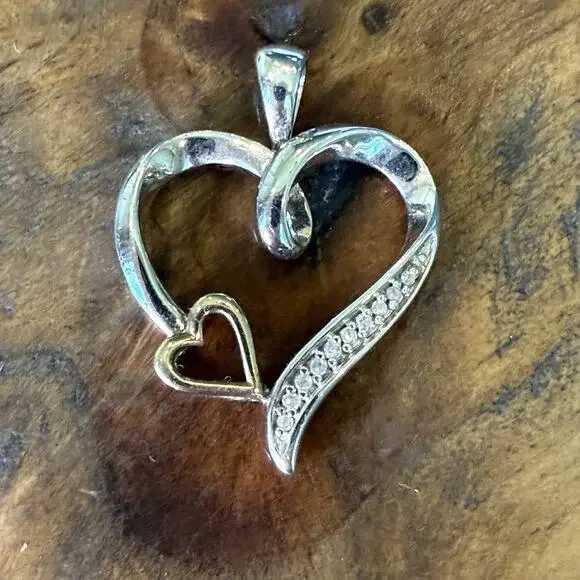 925 Sterling Silver / 10K Gold Real Diamond Double Heart Charm Pendant - Picture 7 of 12